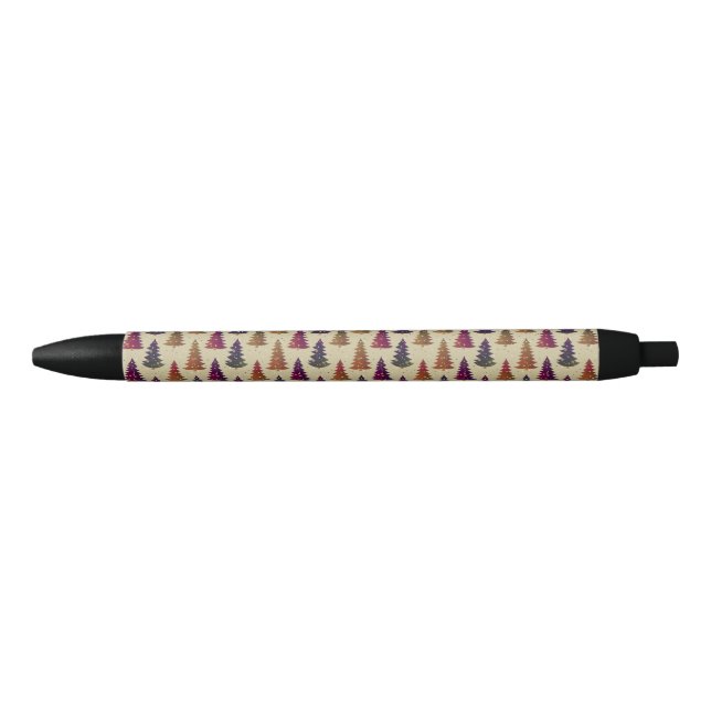 Colourful Glittery Christmas Tree Repeating Patter Black Ink Pen (Front)