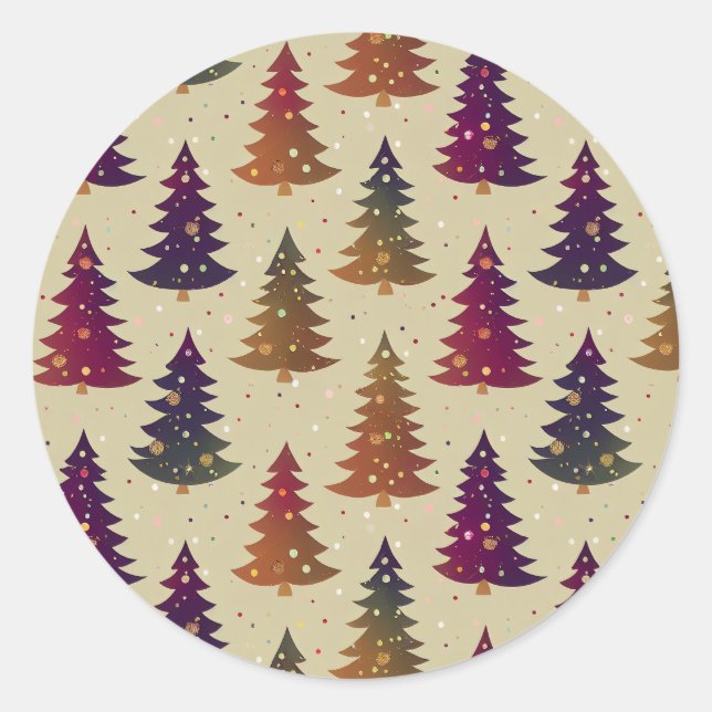 Colourful Glittery Christmas Tree Repeating Patter Classic Round Sticker (Front)