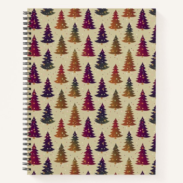 Colourful Glittery Christmas Tree Repeating Patter Notebook (Front)