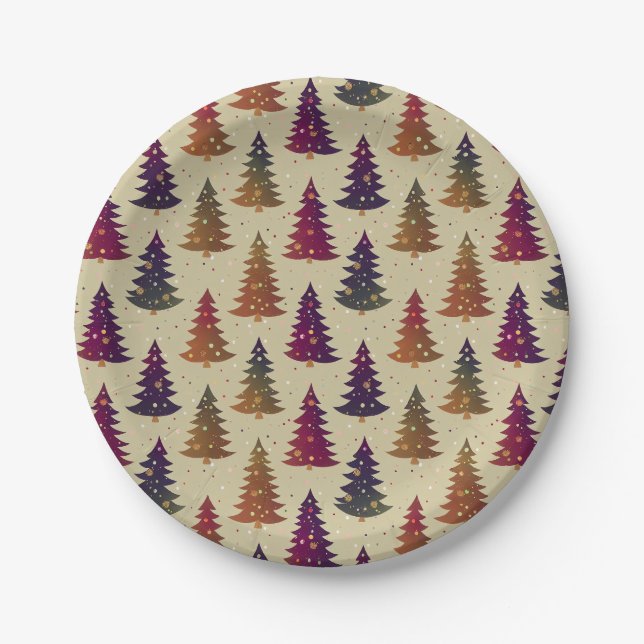 Colourful Glittery Christmas Tree Repeating Patter Paper Plate (Front)