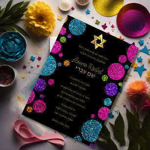 Colourful Glittery Dots on Any Colour Bat Mitzvah Invitation