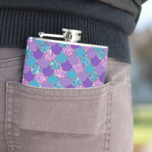 Colourful glittery mermaid scales pattern hip flask