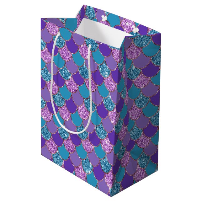 Colourful glittery mermaid scales pattern medium gift bag (Back Angled)