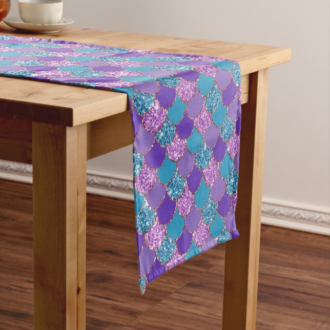 Colourful glittery mermaid scales pattern medium t medium table runner (In Situ)