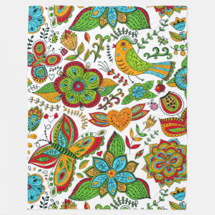 Colourful Glittery Retro Flowers Butterflies & Bir Fleece Blanket