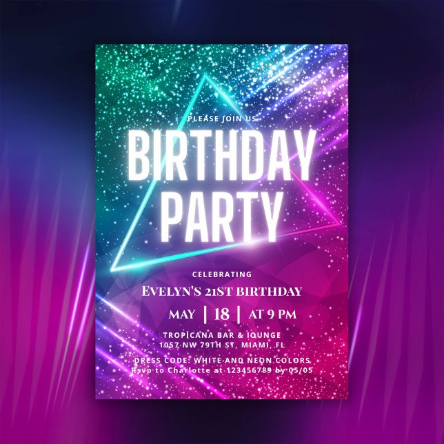 Colourful Glow Neon 21st Birthday Party Invitation (Creator Uploaded)