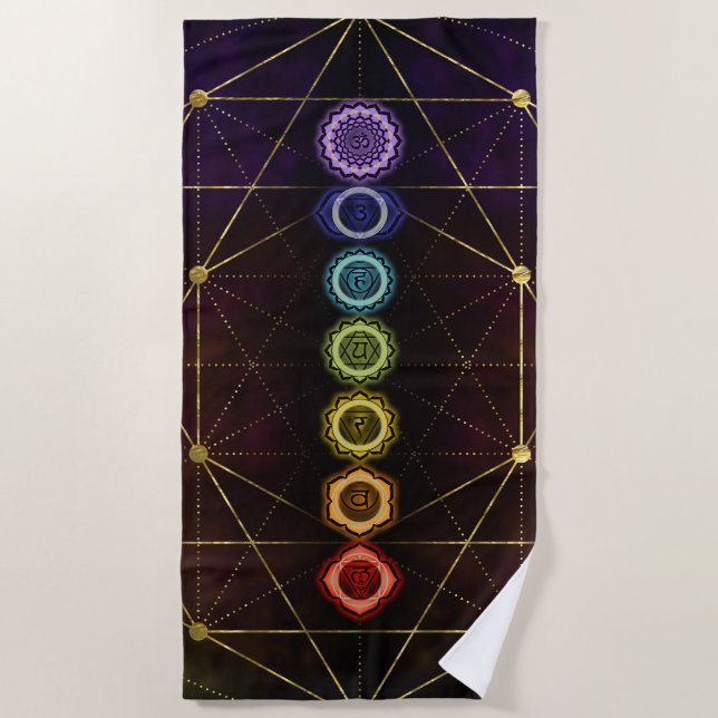 Colourful Glowing  Chakras Beach Towel (Front)