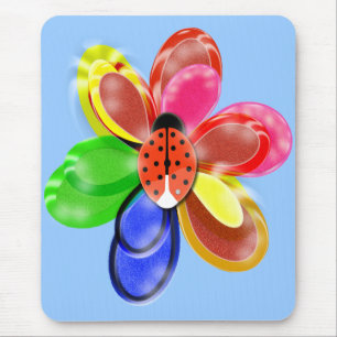colourful glowing  flower with cute ladybug pad mouse pad