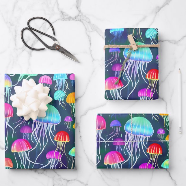 Colourful Glowing Jellyfish Wrapping Paper Sheet (Front)