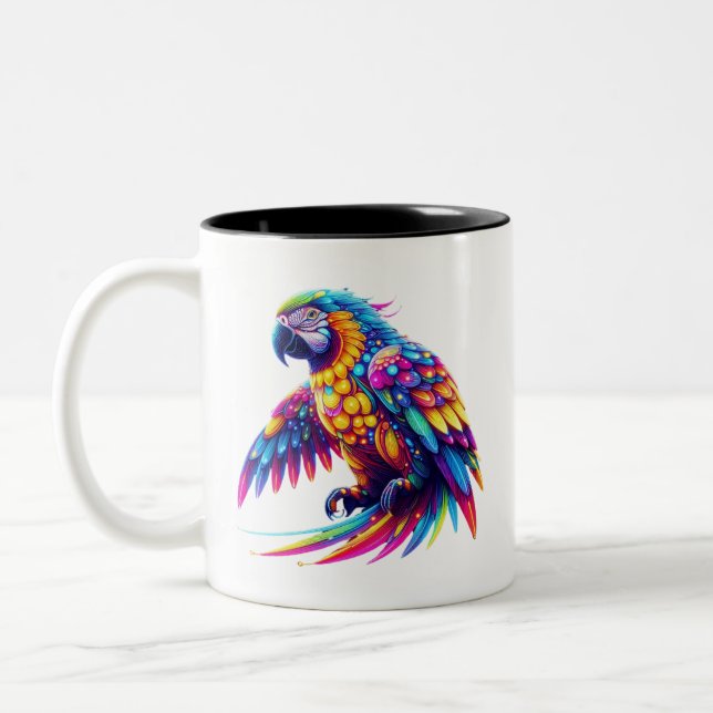 Colourful glowing parrot Two-Tone coffee mug (Left)