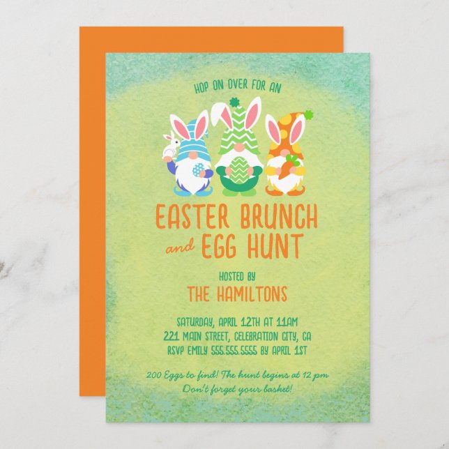 Colourful Gnome Easter Brunch and Egg Hunt Invitation (Front/Back)