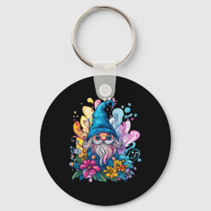 Colourful Gnome Surrounded By Vibrant Flowers Key Ring