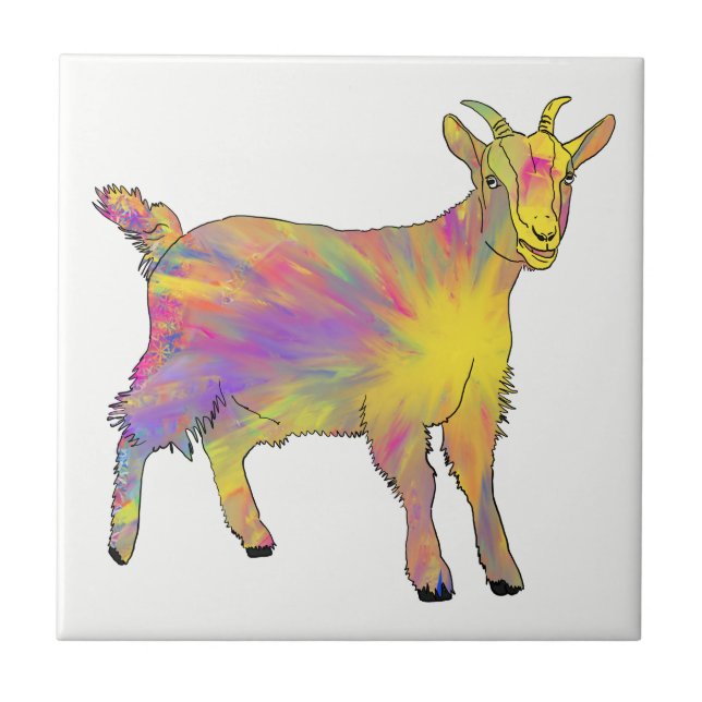 Colourful goat watercolor ceramic tile (Front)