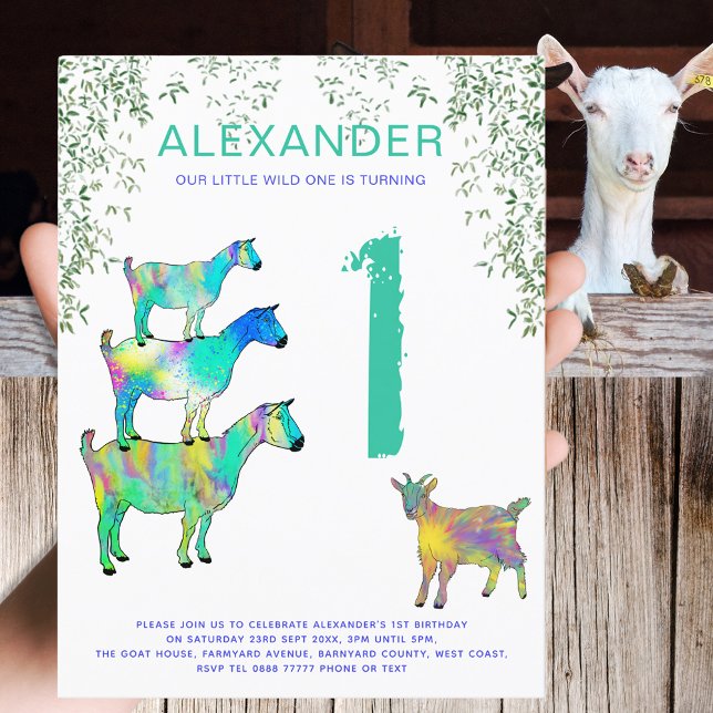 Colourful Goats 1st Birthday Party wild one Invitation Postcard (Colorful goats 1st birthday party invitation )