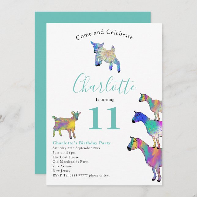Colourful Goats Birthday Party Invitation (Front/Back)
