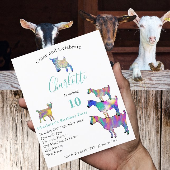 Colourful Goats Farm Animal 10th Birthday Budget (Colorful goats farm animal 10th birthday party budget invitation with watercolor animal art)