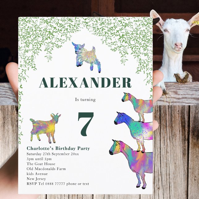 Colourful Goats Farm Animal Birthday Party Budget Invitation Postcard (Goat themed 7th birthday party budget invitation postcard colorful animal art watercolor )
