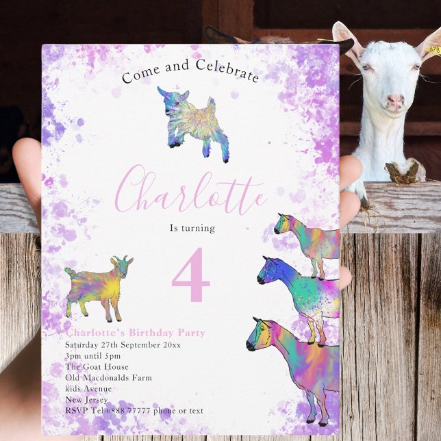 Colourful Goats Girls Birthday Party Invitation Postcard (Colorful watercolor goat themed 4th birthday party invitation for cute farm animal lovers)