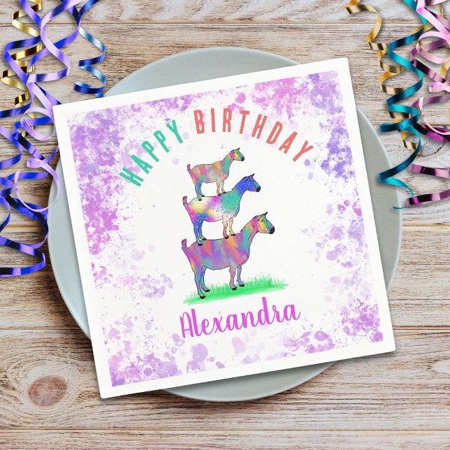 Colourful Goats Personalised Kids Birthday Party Napkin (Cute goats colorful farm animal art personalized happy birthday party paper plates)