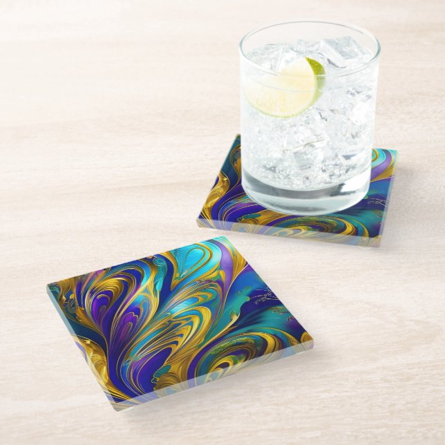 Colourful Gold Abstract Blue Purple Ribbons Glass Coaster (Angled)