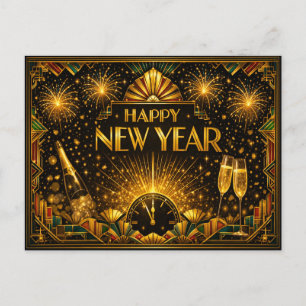 Colourful Gold Art Deco Happy New Year Holiday Postcard