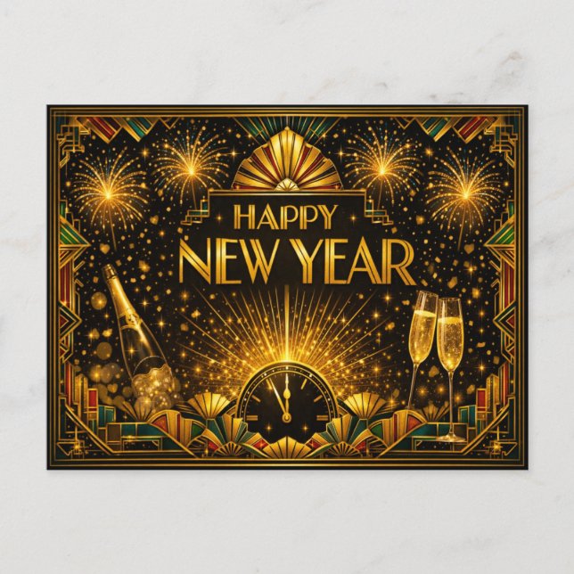 Colourful Gold Art Deco Happy New Year Holiday Postcard (Front)