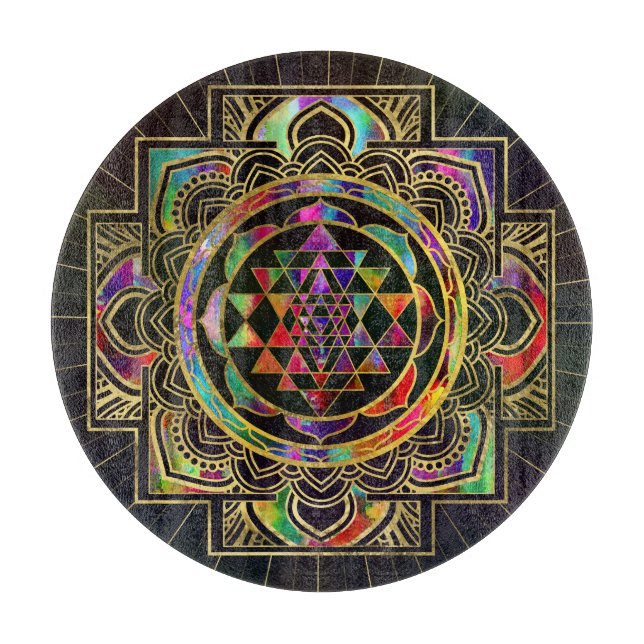 Colourful Gold framed Sri Yantra Sri Chakra Cutting Board (Front)
