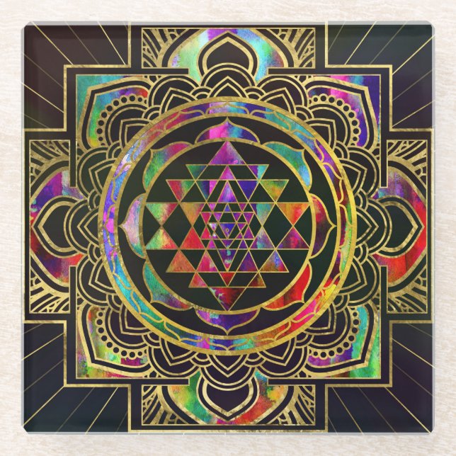 Colourful Gold framed Sri Yantra Sri Chakra Glass Coaster (Front)