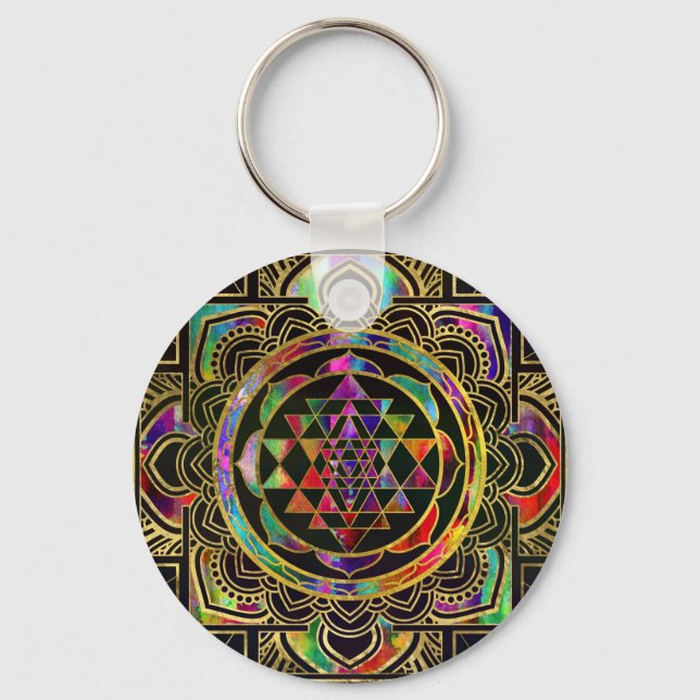 Colourful Gold framed Sri Yantra Sri Chakra Key Ring (Front)
