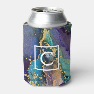 Colourful Gold Marbled Monogram Liquid Abstract Ar Can Cooler