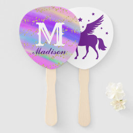 Colourful Gold Speckled Purple Unicorn Birthday Hand Fan