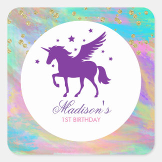 Colourful Gold Speckled Purple Unicorn Birthday Square Sticker