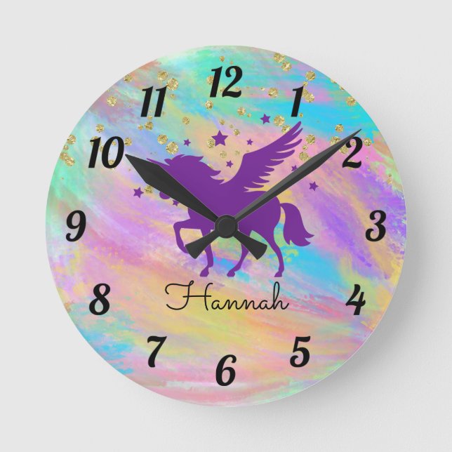 Colourful Gold Speckled Purple Unicorn Round Clock (Front)