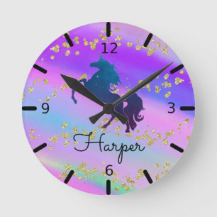 Colourful Gold Speckled Unicorn Round Clock