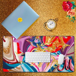 Colourful Gold Swirl Smoke Monogram Liquid Abstrac Desk Mat