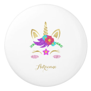 Colourful Gold Unicorn Personalised Name White Ceramic Knob