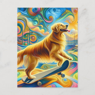 Colourful Golden Retriever Skateboarding Postcard