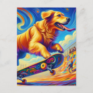Colourful Golden Retriever Skateboarding  Postcard