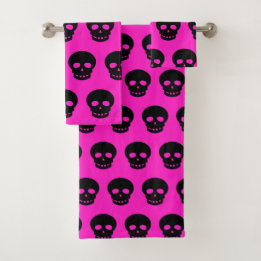 Colourful Goth Black Hot Pink Skull Pattern Bright Bath Towel Set