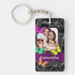 Colourful Gothic skull and butterflies Key Ring