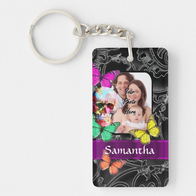 Colourful Gothic skull and butterflies Key Ring (Front)