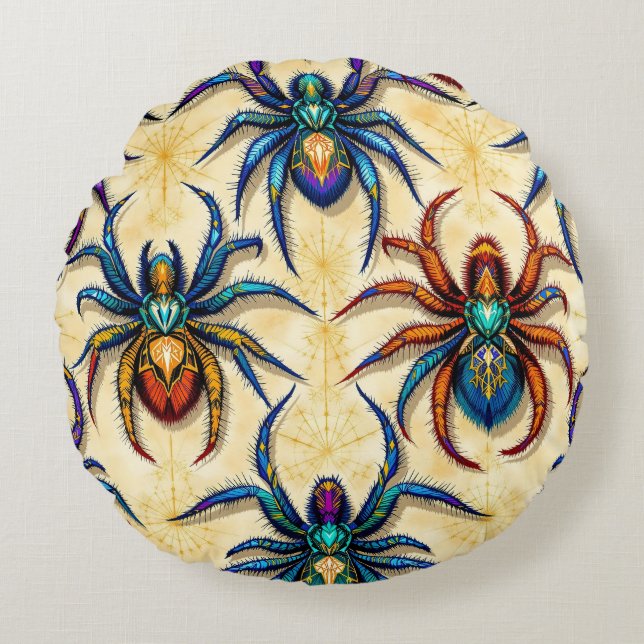 Colourful Gothic Spider Pattern with Webs on white Round Cushion (Front)