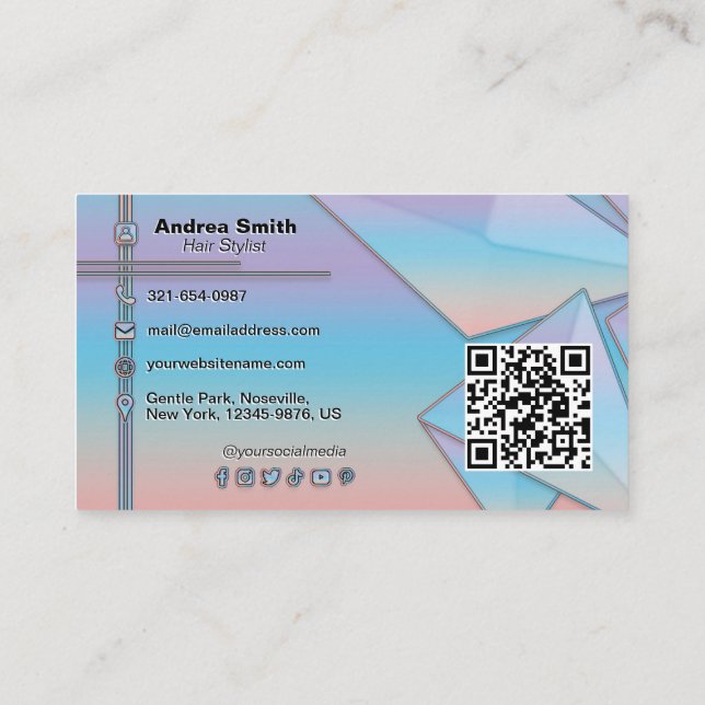 Colourful Gradient Iridescent QR Code Social Icons Business Card (Back)