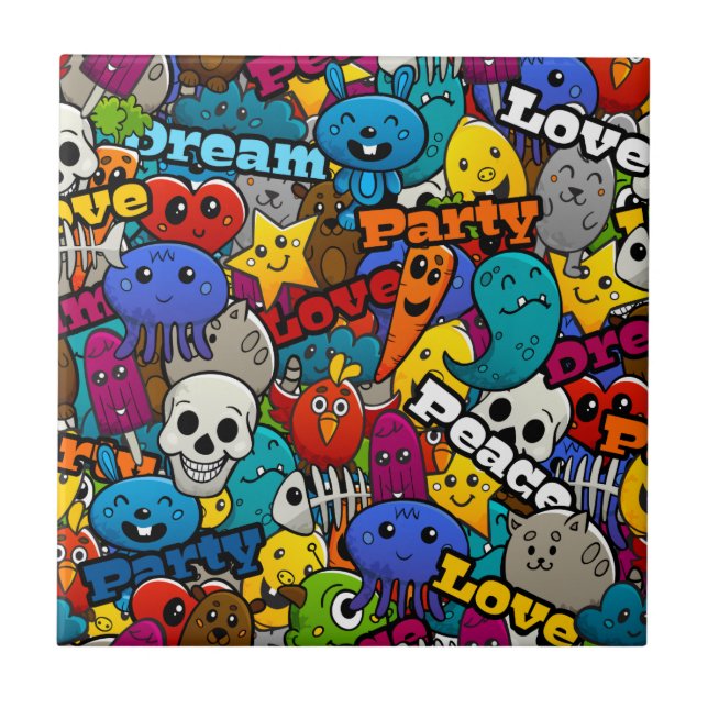 Colourful Graffiti Characters Pattern Ceramic Tile (Front)