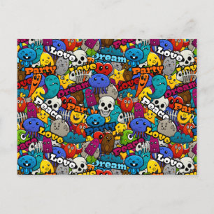 Colourful Graffiti Characters Pattern Postcard