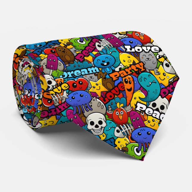 Colourful Graffiti Characters Pattern Tie (Rolled)