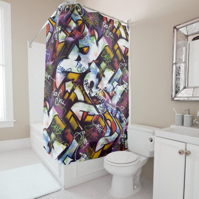 Colourful Graffiti Words Shower Curtain (In Situ)