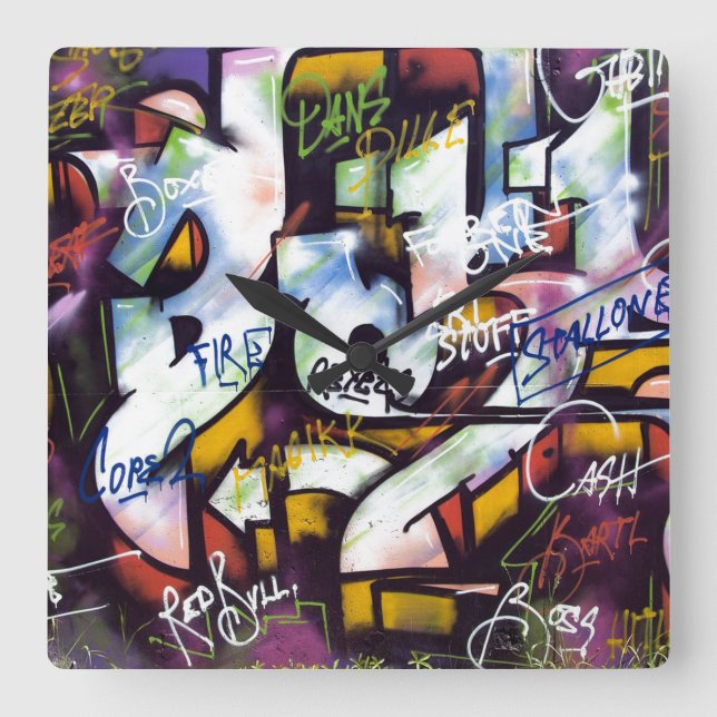 Colourful Graffiti Words Square Wall Clock (Front)