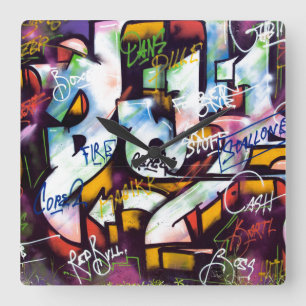 Colourful Graffiti Words Square Wall Clock