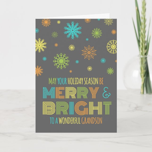 Colourful Grandson Merry & Bright Christmas Card (Front)